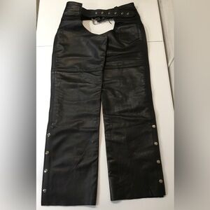 Vintage YKK Interstate Leather Black Motorcycle Chaps Size XL Adjustable Belt